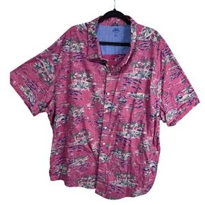 IZOD Saltwater Hawaiian Shirt Pink Tropical Palm 100% Cotton 4XL Beach Golf Mens